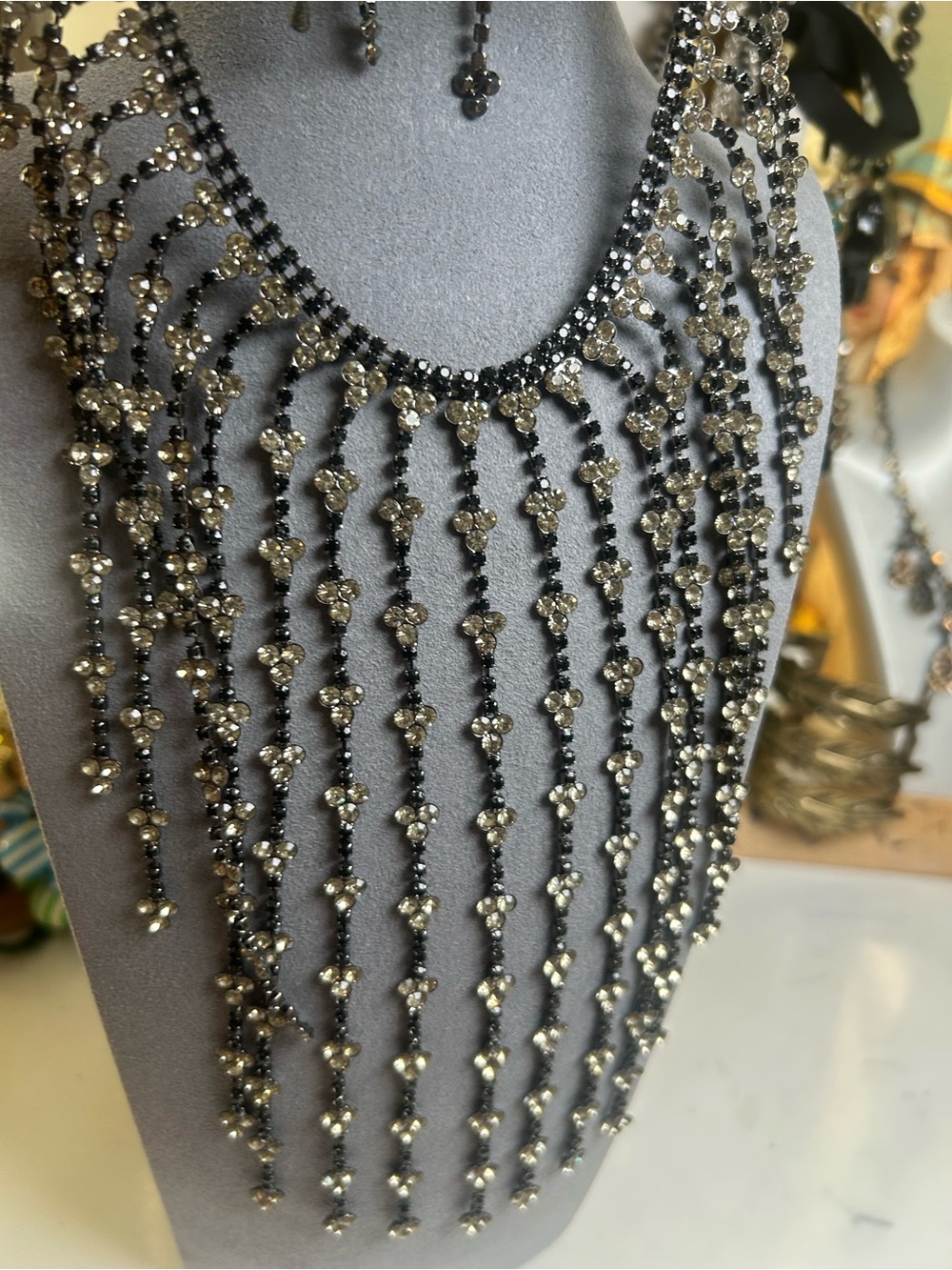 Elegant Black and Silver Beaded Fringe Statement Necklace